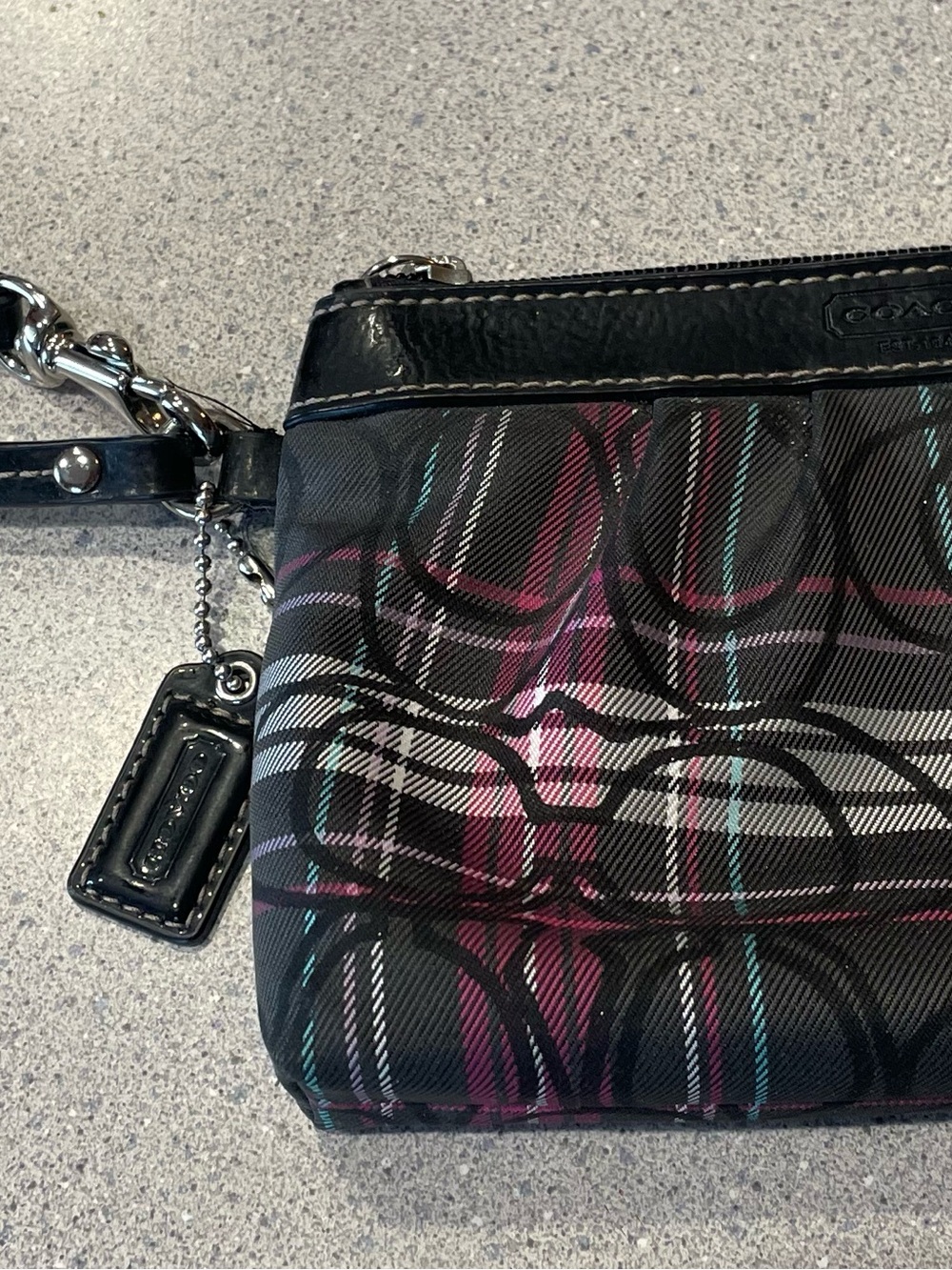 Coach Black Wristlet with Pink & Teal Plaid Accents